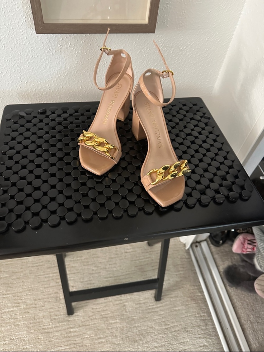 Stuart Weitzman Blush Nude Block Heel Sandals with Gold Chain